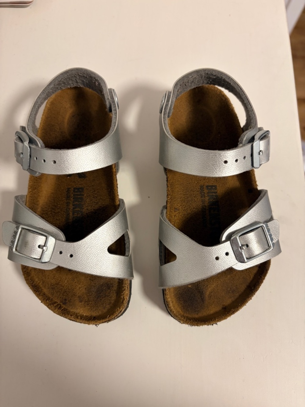 Kids Birkenstocks Metallic Silver Double-Buckle Sandals